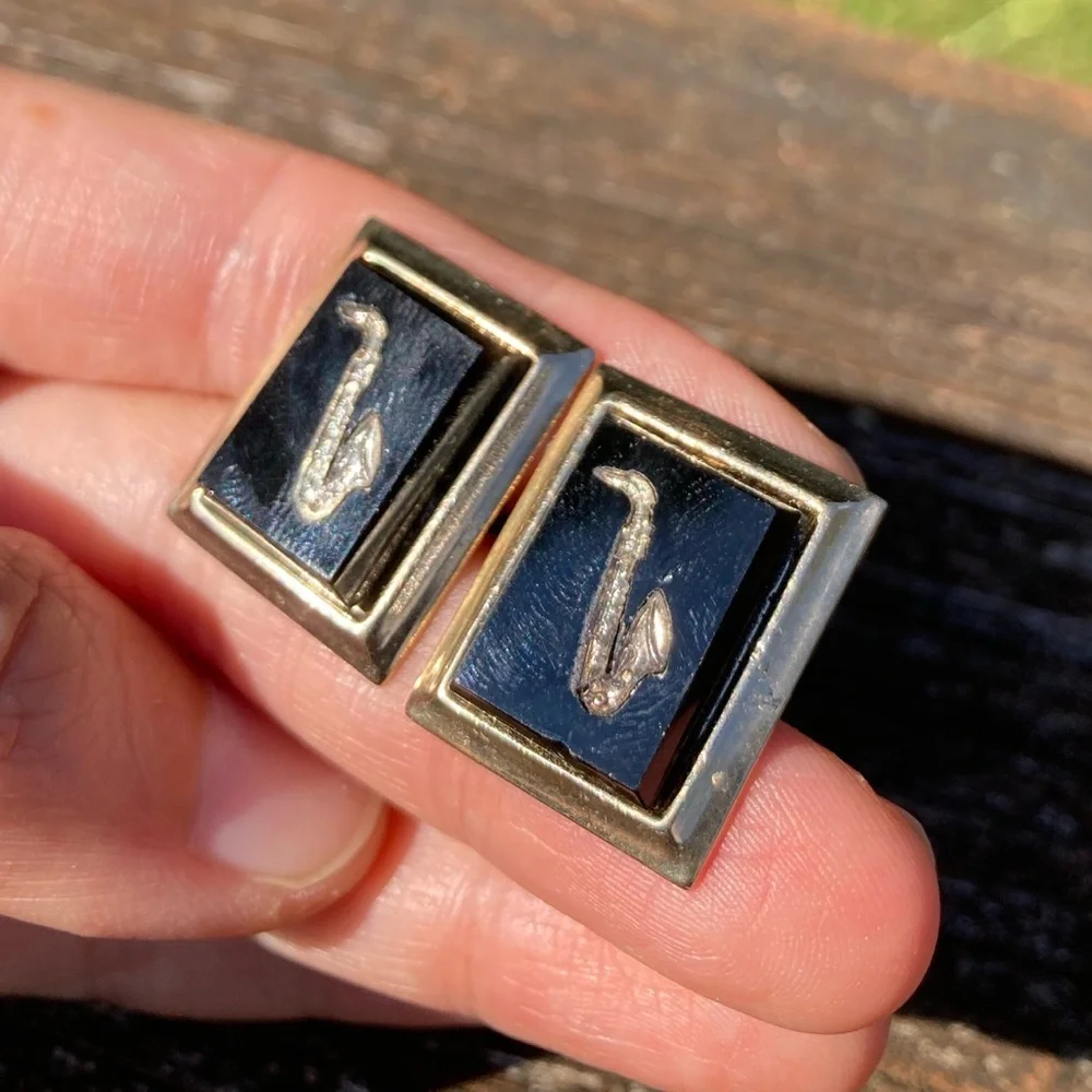 Vintage Black Glass Etched Saxophone Silver Tone Cufflinks